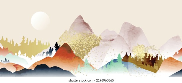Luxury mountain background vector. Oriental watercolor landscape design with mountains, hills, sunset, pine forest, gold texture. Elegant panorama view wallpaper for wall art, banner, decoration.