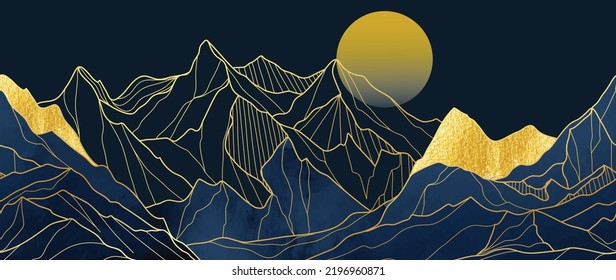 Lujoso vector de fondo de arte de la línea dorada de montaña. Diseño de paisajes de acuarela oriental con montañas, colinas, puesta de sol, arte de línea dorada. Elegante tapiz panorámico para arte mural, pancarta, decoración.