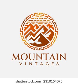 Luxury mountain hill logo design template. Elegance circle mountain peak logo.