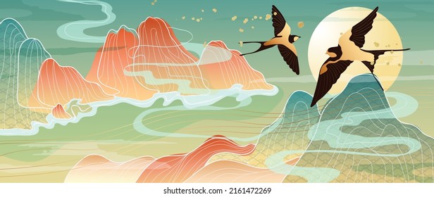 Luxury mountain oriental background vector. Chinese and Japanese oriental line art with hills, sea waves, magpie, birds. Elegant mountain landscape illustration design for wall art, wallpaper.