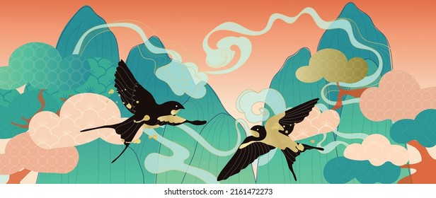 Luxury mountain oriental background vector. Chinese and Japanese oriental line art with hills, trees, magpie, birds. Elegant mountain landscape illustration design for wall art, wallpaper.