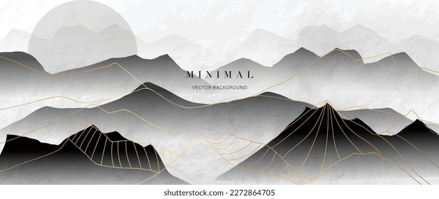 Luxury mountain wallpaper with black scenic landscape. Watercolor and gold line art texture hills background vector. Design illustration for cover, invitation, packaging, fabric, poster, print.