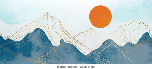 Luxuriöse Tapete-Design mit malerischer Landschaft. Aquarell und goldene Linie, Kunstberge Hintergrund, Vektorgrafik. Design-Illustration für Cover, Einladung, Verpackung, Tapeten, Stoff, Poster, Druck.