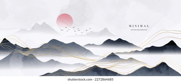 Luxury mountain wallpaper with foggy sky scenic landscape. Watercolor and gold line art texture hills background vector. Design illustration for cover, invitation, packaging, fabric, poster, print.