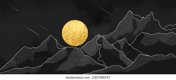 Luxury mountain wallpaper with night scenic landscape. Gold color full moon, galaxy, line art hills background vector. Design illustration for cover, invitation, packaging, fabric, poster, print.