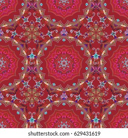 Luxury multicolor seamless pattern with stars. Vector multicolor star pattern, star decorations, multicolored grid on a red background.