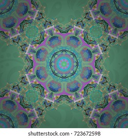 Luxury multicolored wallpaper. Ornate green, violet and blue pattern for design. Vector seamless texture in Eastern style. Ornament for invitations, birthday, greeting cards, web pages.