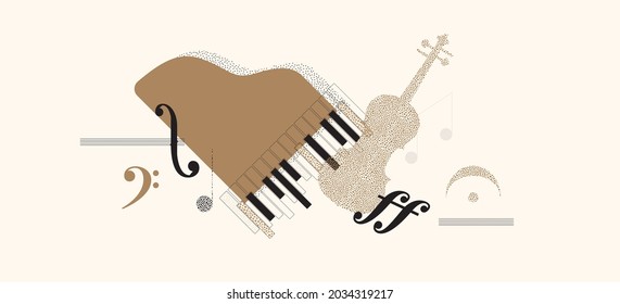 Luxury music background with grand piano, violin and notes. Vector illustration