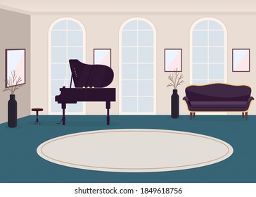 Luxury music hall flat color vector illustration. Grand piano for concert. Contemporary room. Rich house for entertainment event 2D cartoon interior with musical instrument on background