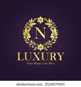 Luxury N golden flower letter logo template.