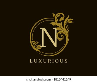 Luxury N Letter Floral Design. Circle Royal N Vintage Logo Icon.