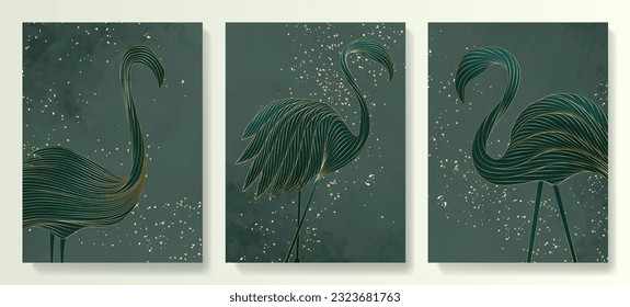 Luxury natural art background with flamingo birds in golden line style. Animal hand drawn set for decoration, print, interior design, wallpaper, invitations, packaging.