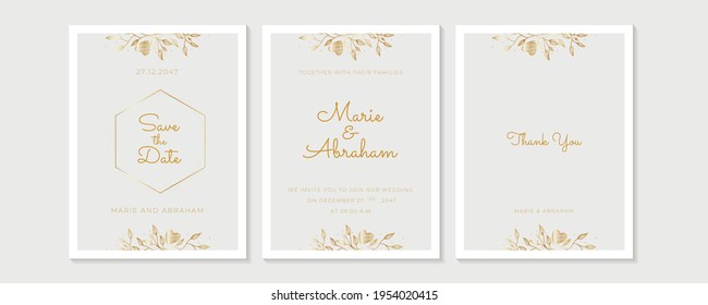 Luxury Natural Wedding invitation card for summer and spring seasons. Design With gold floral and leaves minimal style decoration. Vector Wedding template, save the date, thank you, rsvp card design