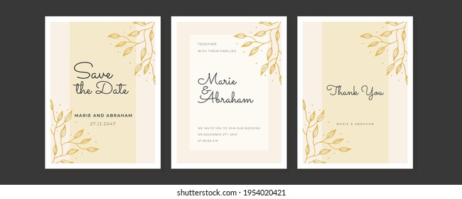 Tarjeta de invitación de Boda Natural de Lujo para las temporadas de verano y primavera. Diseño Con flores doradas y con una decoración de estilo minimalista. Plantilla de bodas vectoriales, guardar la fecha, gracias, diseño de tarjeta rsvp