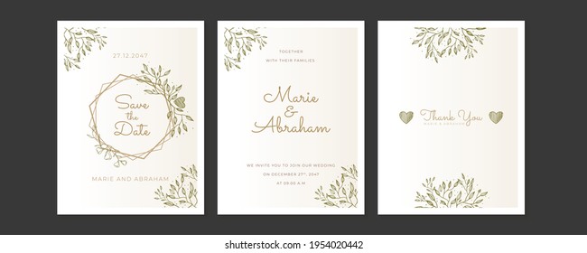 Luxury Natural Wedding invitation card for summer and spring seasons. Design With gold floral and leaves minimal style decoration. Vector Wedding template, save the date, thank you, rsvp card design