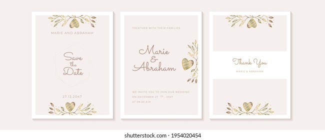 Luxury Natural Wedding invitation card for summer and spring seasons. Design With gold floral and leaves minimal style decoration. Vector Wedding template, save the date, thank you, rsvp card design