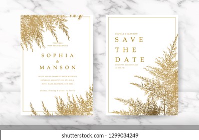 Luxury Natural Wedding invite Card for summer and spring seasons. Design With gold leaves minimal style decoration. Vector