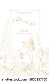 Luxury Natural Wedding invite Card for summer and spring seasons. Design With gold line garden flowers and herbs.
