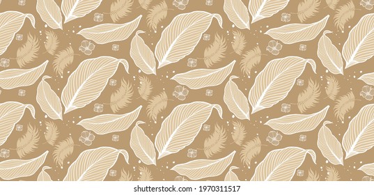 Luxury Nature autumn background vector. Floral Natural fabric pattern, autumn  leaves split-leaf Philodendron plant with monstera plant line arts, Vector illustration.