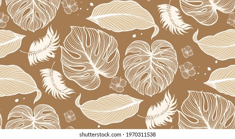 Luxury Nature autumn background vector. Floral Natural fabric pattern, autumn  leaves split-leaf Philodendron plant with monstera plant line arts, Vector illustration.