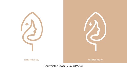 Luxury Nature Beauty Logo Design. Woman Face and Tree Leaf Icon Graphic. Beauty Spa Logo Design Template.