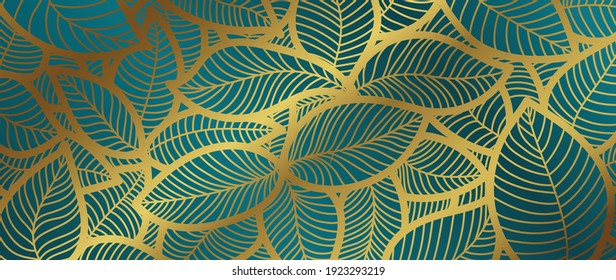 Luxury Nature green background vector. Floral pattern, Golden leaves line arts, Vector illustration.