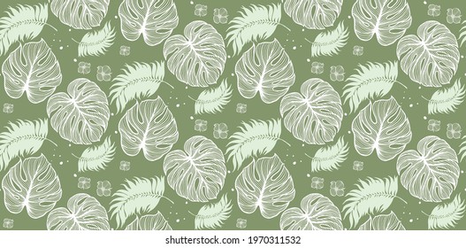 Luxury Nature green leaf background vector. Floral fabric pattern, green season leaves split-leaf Philodendron plant with monstera plant line arts, Vector illustration.