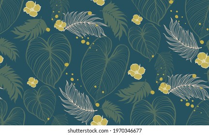 Luxury Nature green leaf background vector. Floral fabric pattern, green season leaves split-leaf Philodendron plant with monstera plant line arts, Vector illustration.