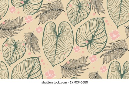 Luxury Nature green leaf background vector. Floral fabric pattern, green season leaves split-leaf Philodendron plant with monstera plant line arts, Vector illustration.