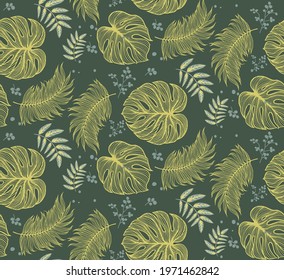 Luxury Nature green leaf background vector. Floral pattern, green season leaves split-leaf Philodendron plant with monstera plant line arts, Vector illustration.