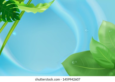 Luxury nature, green tropical leaf on blue liquid background with copy space, illustration vector.