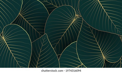 Luxury nature leaf background design with golden line arts on dark green background color. Tropical leaf wallpaper, Hand drawn outline design for fabric , print, cover, banner and invitation