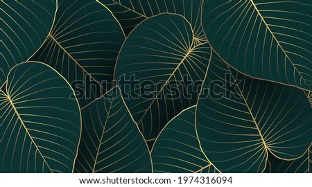 Luxury nature leaf background design with golden line arts on dark green background color. Tropical leaf wallpaper, Hand drawn outline design for fabric , print, cover, banner and invitation