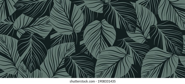 Luxury Nature Leaves Background Vector. Floral Pattern, Tropical Leaf With Line Arts, Jungle Plants, Exotic Pattern With Palm Leaves. Vector Illustration.