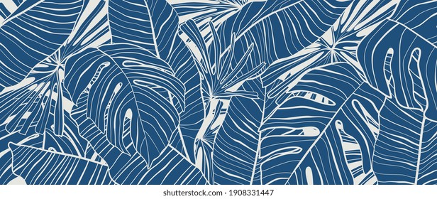 Luxury nature leaves background vector. Floral pattern, Tropical leaf with line arts, jungle plants, Exotic pattern with palm leaves. Vector illustration.