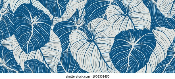 Luxury nature leaves background vector. Floral pattern, Tropical leaf with line arts, jungle plants, Exotic pattern with palm leaves. Vector illustration.