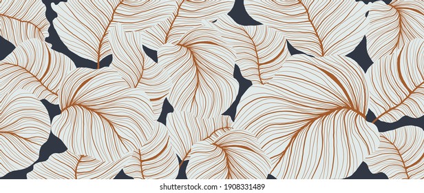 Luxury nature leaves background vector. Floral pattern, Tropical leaf with line arts, jungle plants, Exotic pattern with palm leaves. Vector illustration.
