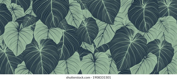 Luxury nature leaves background vector. Floral pattern, Tropical leaf with line arts, jungle plants, Exotic pattern with palm leaves. Vector illustration.