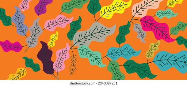  Luxury nature leaves pattern design, Golden banana leaf line arts, Hand drawn outline design for fabric , print, cover, banner and invitation, Vector illustration.