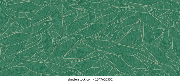 Luxury nature line art ink drawing background vector. Botanical leaves, Canna leaves, banana leaf, and Tropical floral pattern  vector illustration.