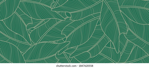 Luxury nature line art ink drawing background vector. Botanical leaves, Canna leaves, banana leaf, and Tropical floral pattern  vector illustration.