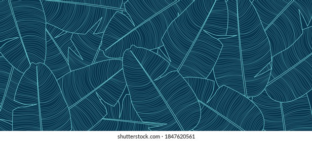 Luxury nature line art ink drawing background vector. Botanical leaves, Canna leaves, banana leaf, and Tropical floral pattern  vector illustration.