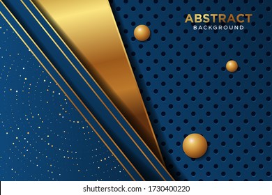 Luxury navy blue background with a combination glowing golden dots with 3D style. Graphic design template for invitation, cover, background.