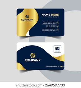 Luxury Navy Blue and Gold Business Card with Wave Design Elements