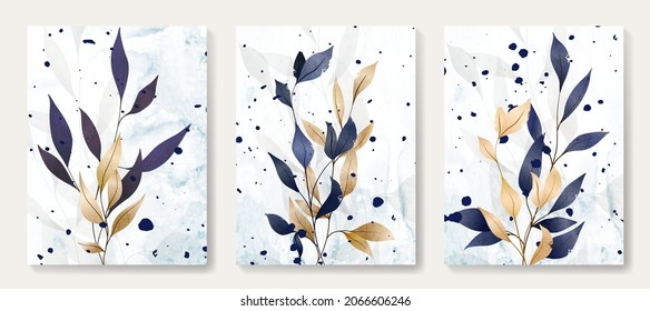 Luxury navy blue and gold print with plants and ink splashes. Botanical art background for decoration, print and packaging