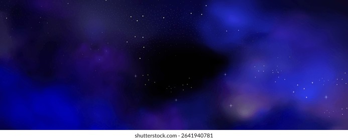  Luxury navy blue night sky background with golden stars, magical glitter, and bokeh sparkle. Abstract dark frame for holiday or wedding cards. Vector banner design with golden celestial dust.