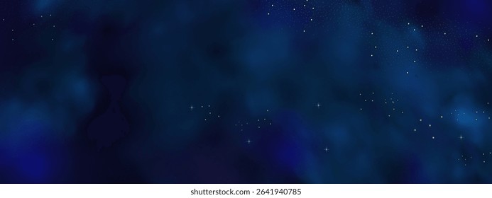  Luxury navy blue night sky background with golden stars, magical glitter, and bokeh sparkle. Abstract dark frame for holiday or wedding cards. Vector banner design with golden celestial dust.