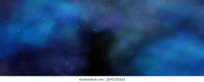  Luxury navy blue night sky background with golden stars, magical glitter, and bokeh sparkle. Abstract dark frame for holiday or wedding cards. Vector banner design with golden celestial dust.