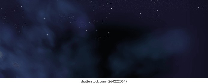  Luxury navy blue night sky background with golden stars, magical glitter, and bokeh sparkle. Abstract dark frame for holiday or wedding cards. Vector banner design with golden celestial dust.