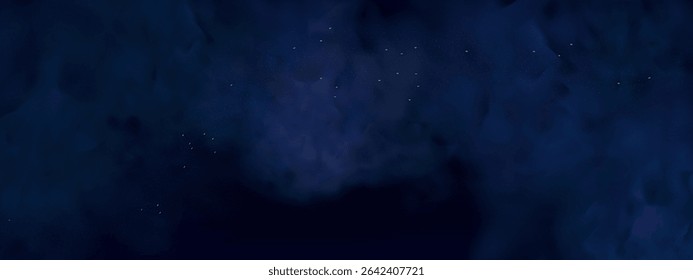  Luxury navy blue night sky background with golden stars, magical glitter, and bokeh sparkle. Abstract dark frame for holiday or wedding cards. Vector banner design with golden celestial dust.